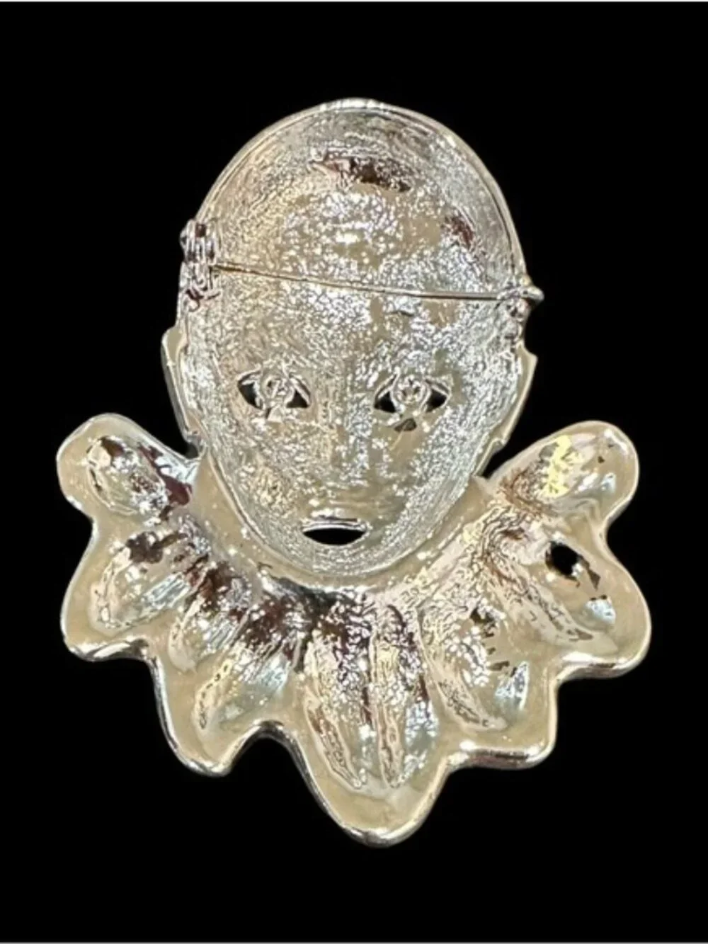 Vintage Silver Tone Harlequin Pin Brooch With Rhinestone Accents & Red Tear Drop